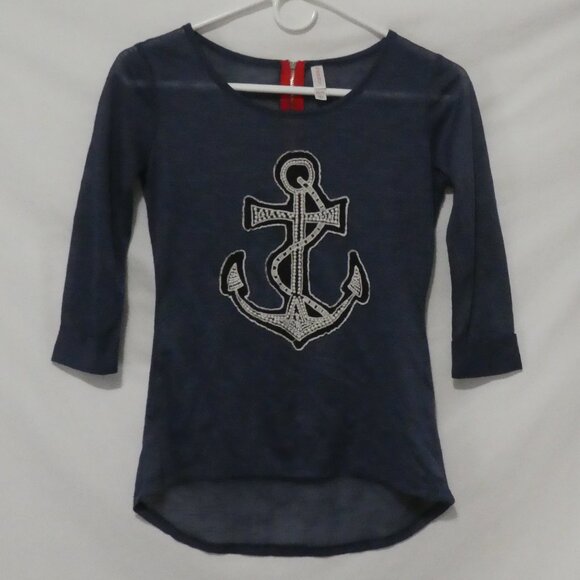 XHILARATION | xs - extra small | Navy Blue 3/4 Sleeve Top with Anchor Design - Picture 1 of 16